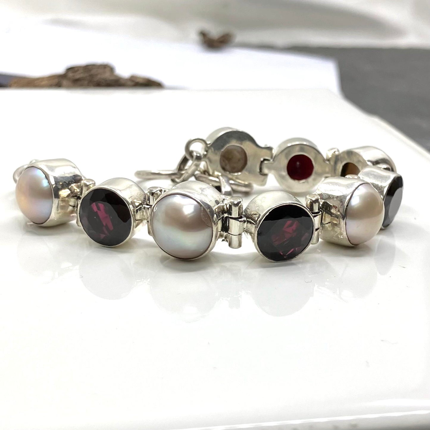 Freshwater Pearl and Garnet and Sterling Silver Bracelet