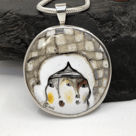 Handmade Ceramic Face in Sterling Silver Pendant and Chain Aine