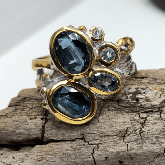 Rhodium and Gold Plated Silver Ring with Kyanite and Blue Topaz