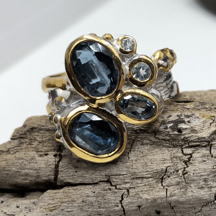 Rhodium and Gold Plated Silver Ring with Kyanite and Blue Topaz