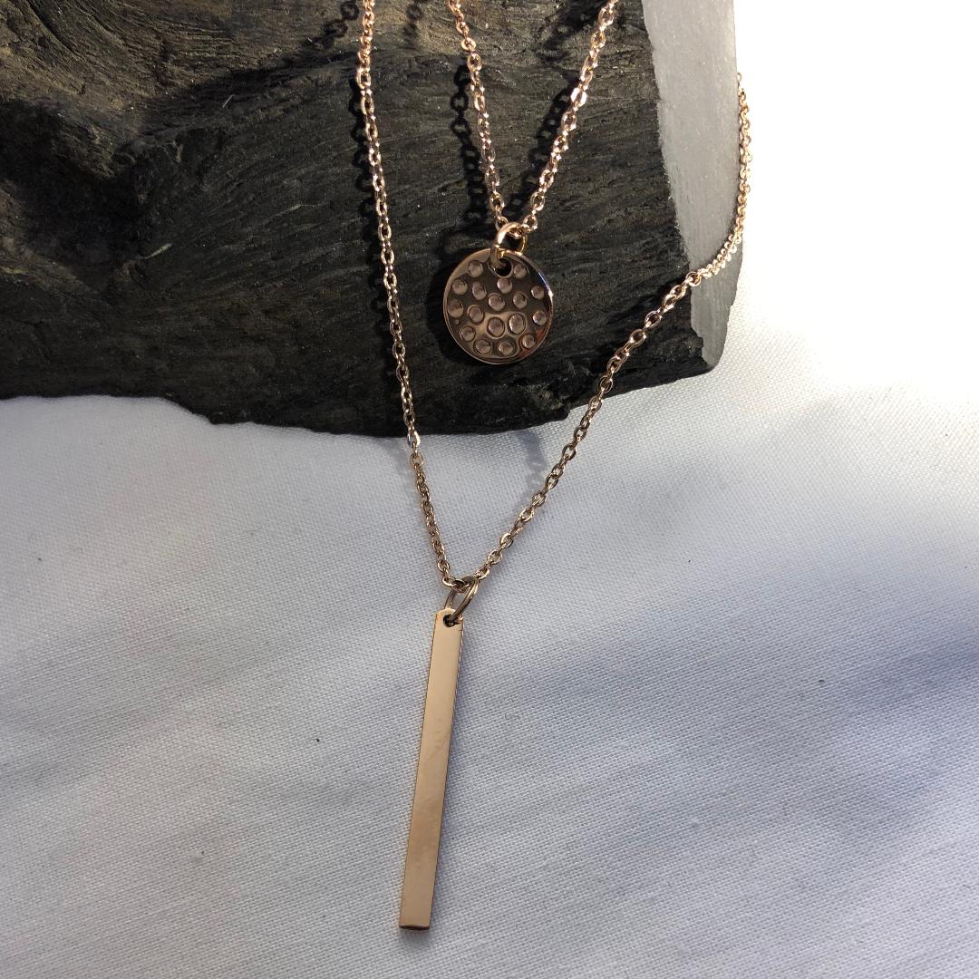 Stainless Steel Necklace with Disc and Bar Rose Gold Coloured