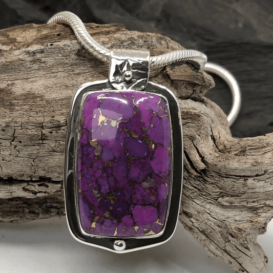 Purple Turquoise and Sterling Silver Rectangular Pendant and Thick Silver Snake Chain