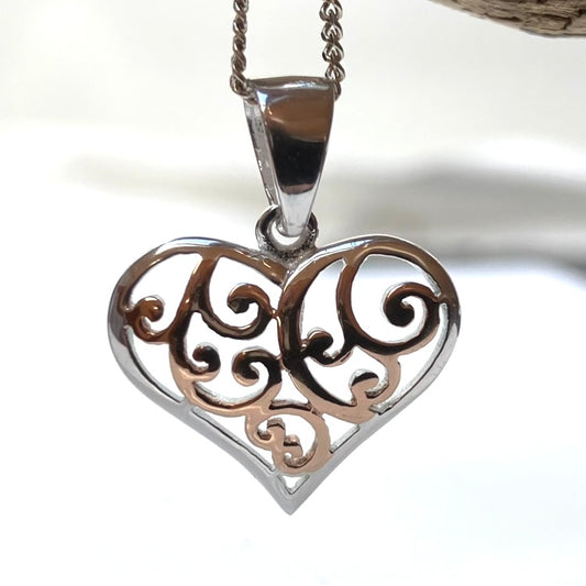 Sterling Silver Pendant Rose Gold Plated Filigree Heart on Silver Chain