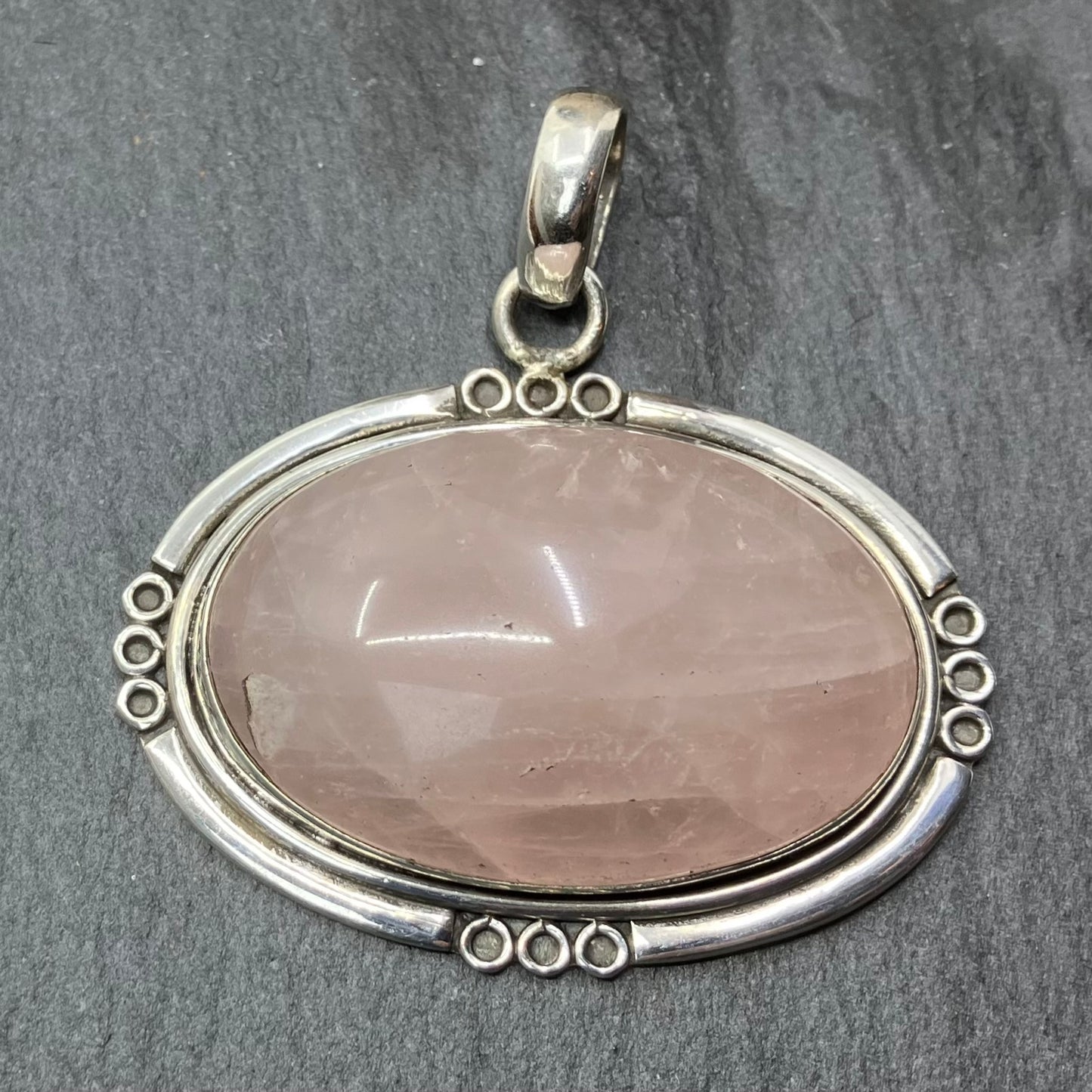 Rose Quartz and Sterling Silver Pendant Oval on Silver Chain