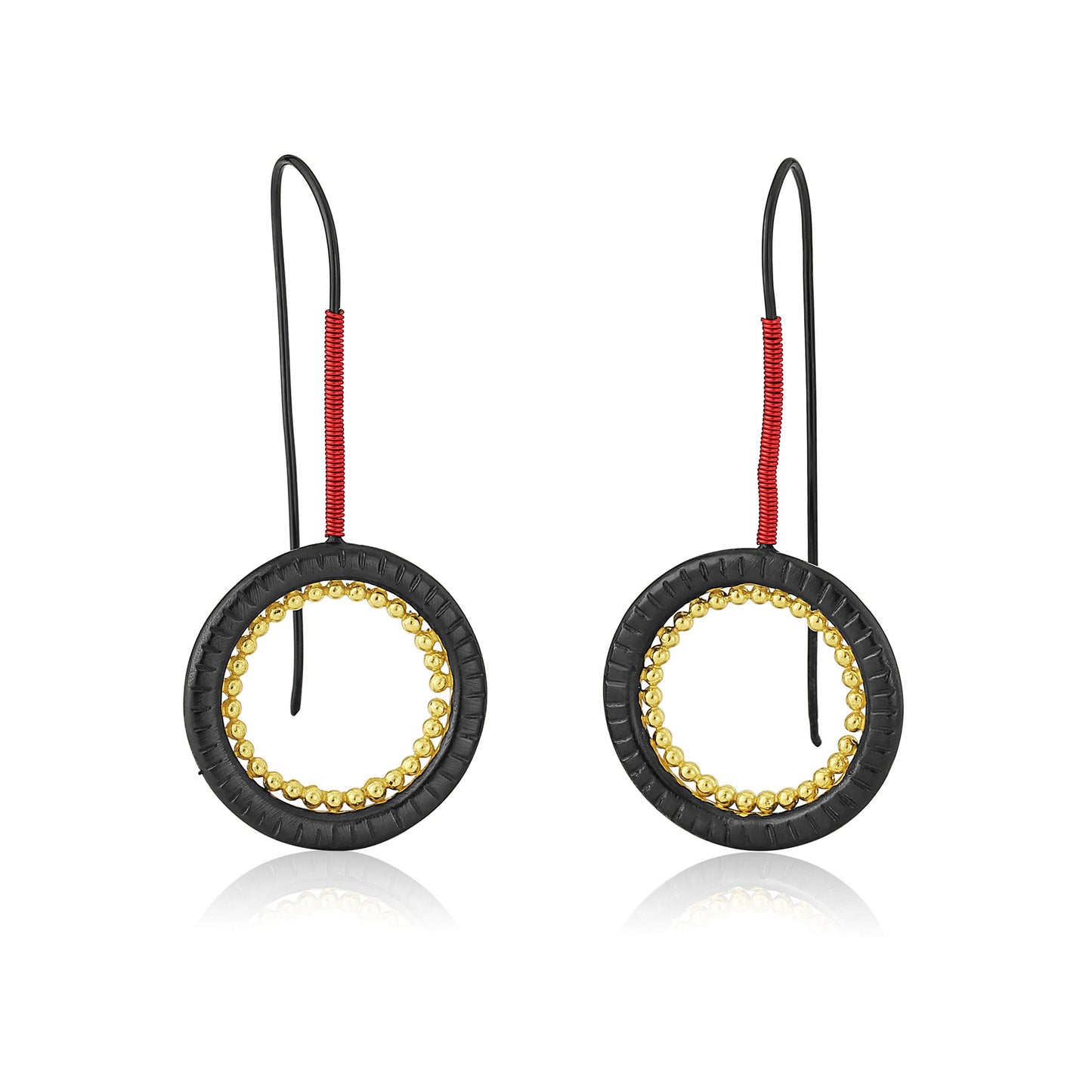 Brushed Sterling Silver, Red Enamelled and Gold Plated Earrings