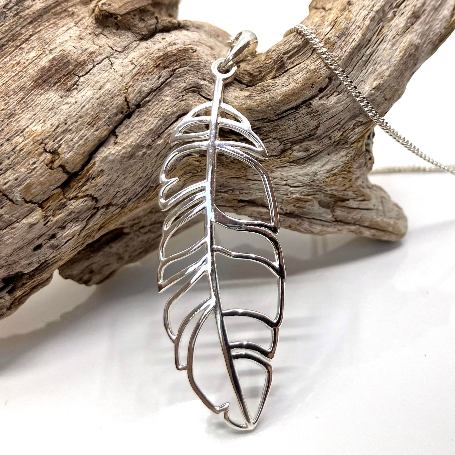 Sterling Silver Pendant Open Feather on Silver Chain