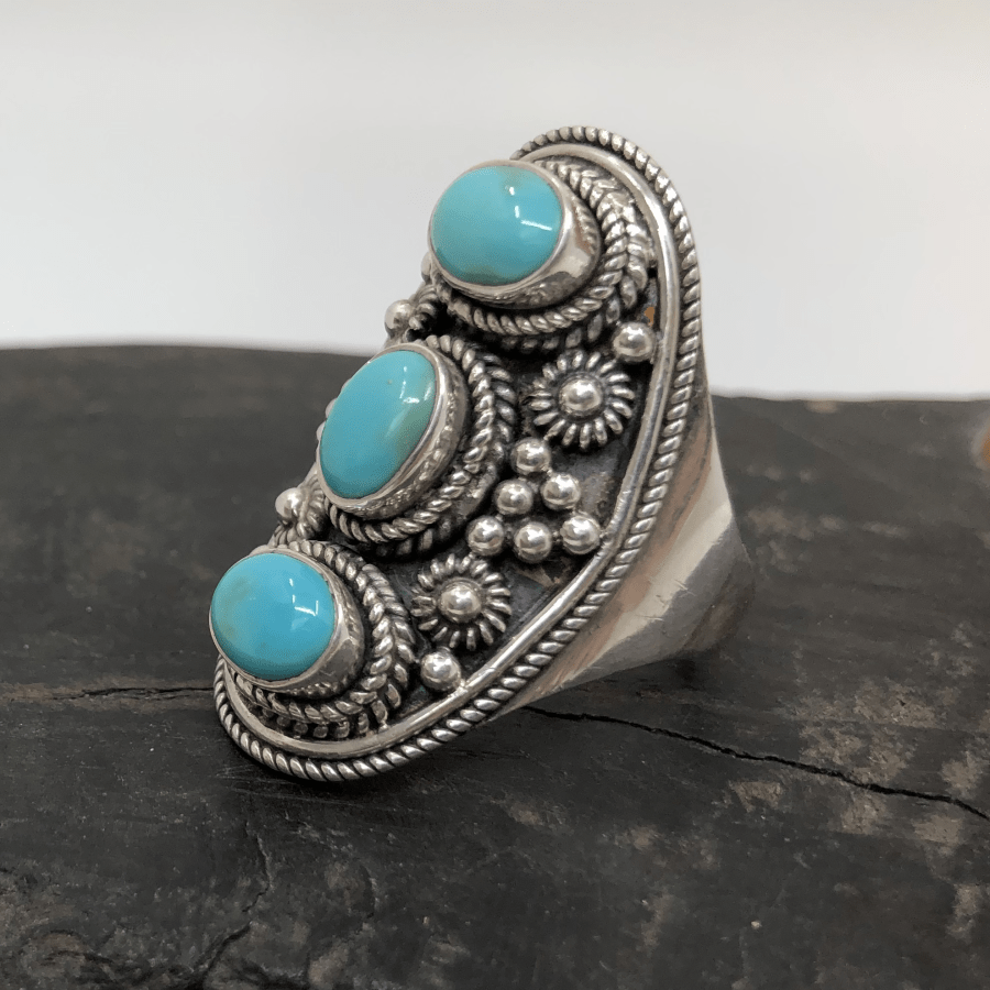 Turquoise Sterling Silver 3 Stone Ring