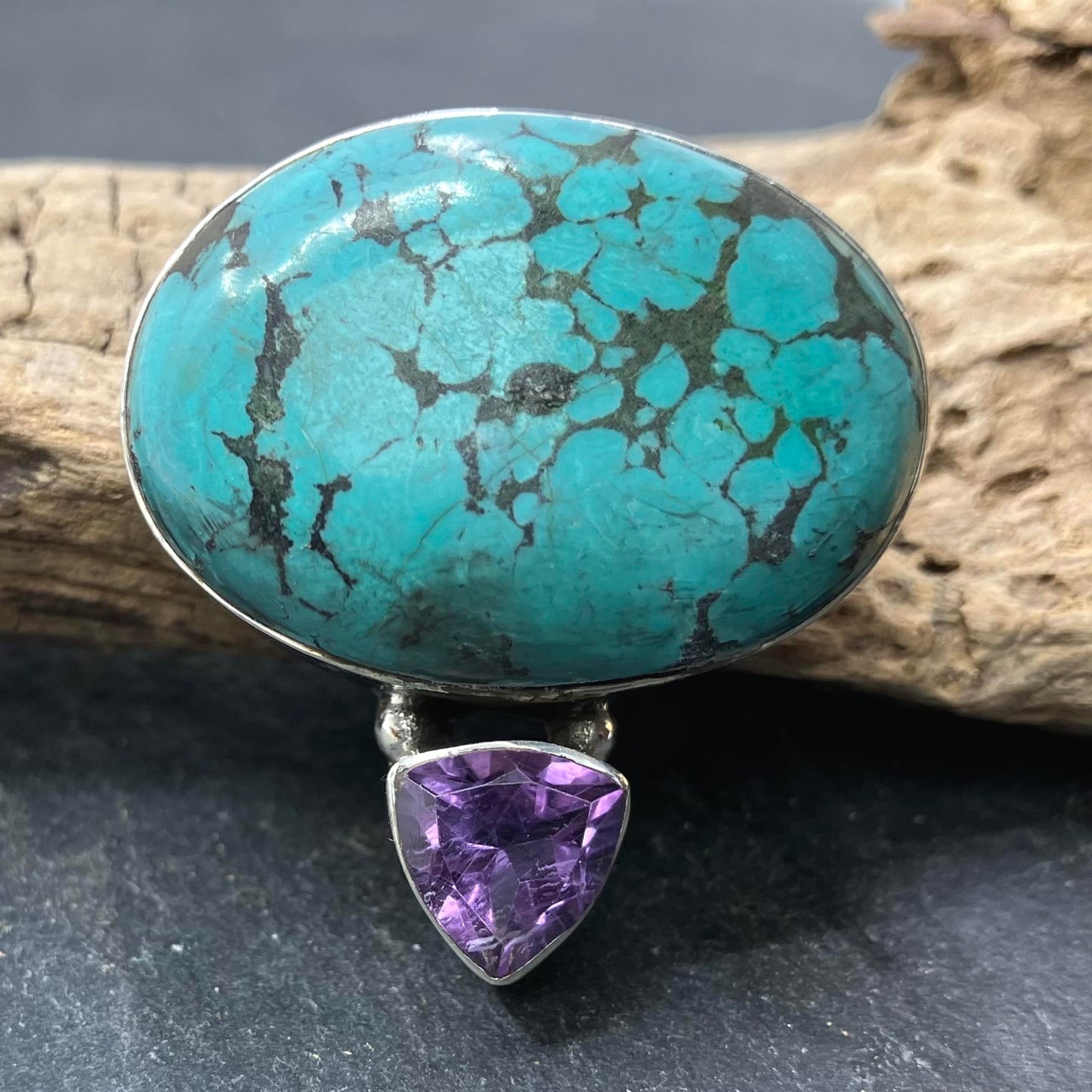 Turquoise and Amethyst Sterling Silver Pendant Oval triangle