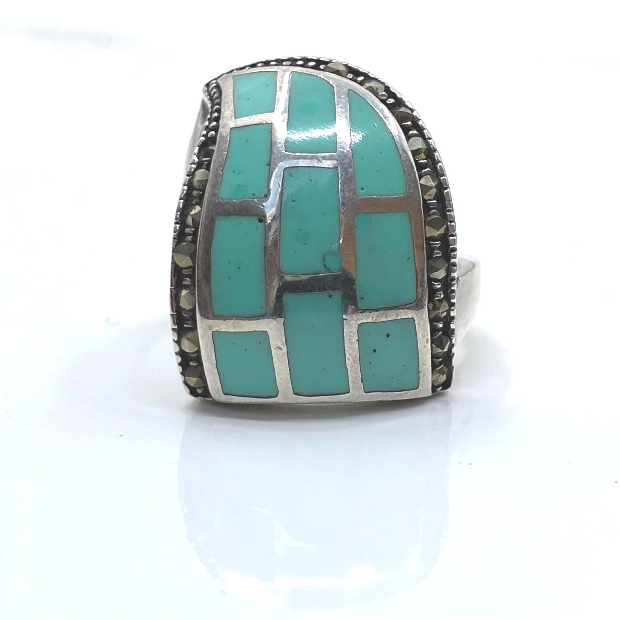 Marcasite and Turquoise Sterling Silver Ring 10 Stone