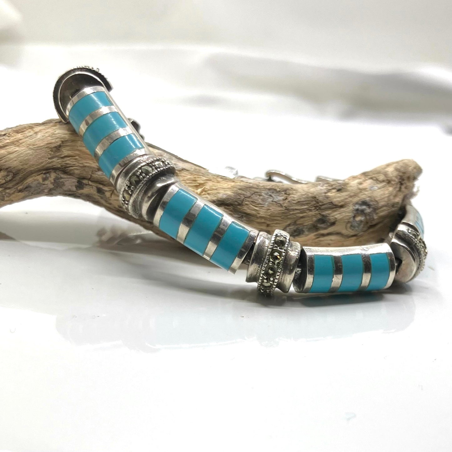 Marcasite and Turquoise Sterling Silver Bracelet Semi Barrel