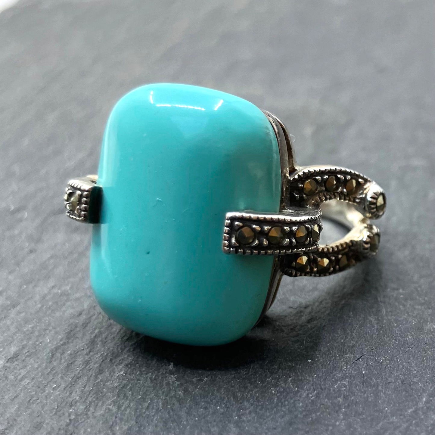 Marcasite and Turquoise Sterling Silver Ring Rectangular