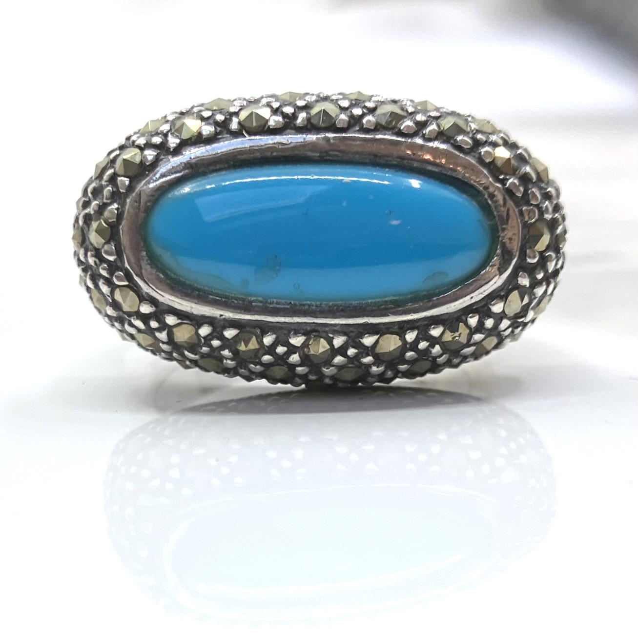 Marcasite and Turquoise Sterling Silver Ring Oval side