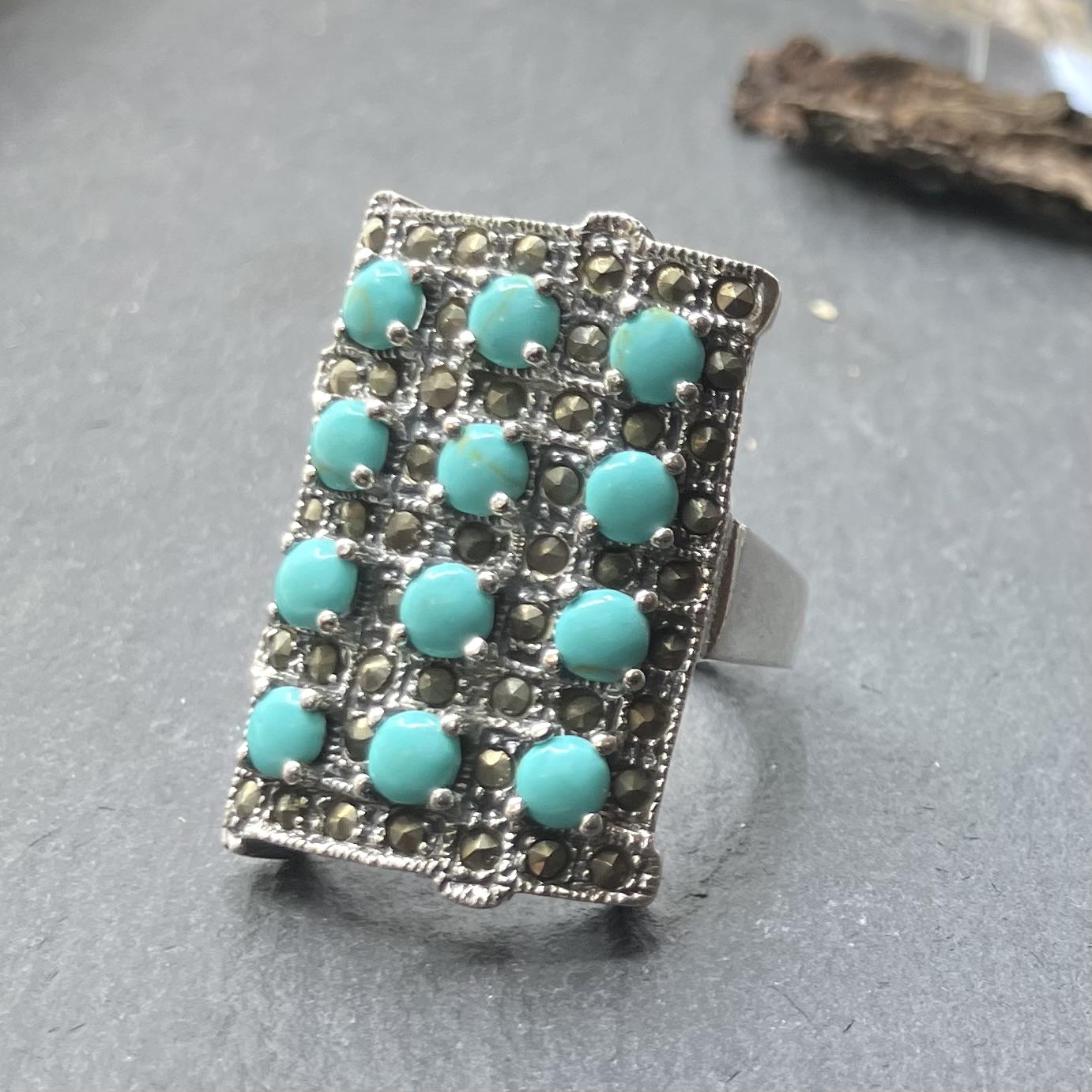 Marcasite and Turquoise Sterling Silver Ring Rectangle 12 Stone
