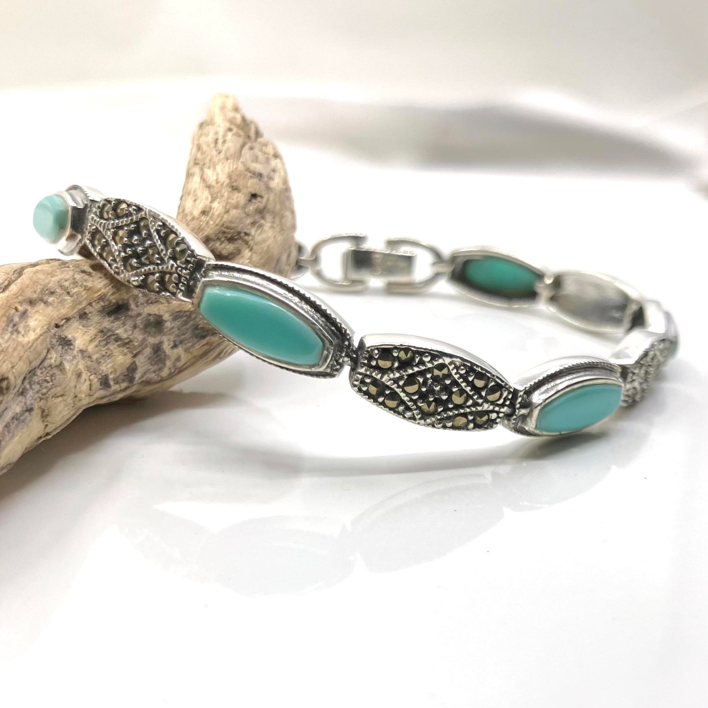 Marcasite and Turquoise Sterling Silver Bracelet Long Oval