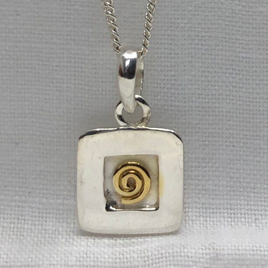 Sterling Silver and Gold Plated Spiral Pendant Square and Chain