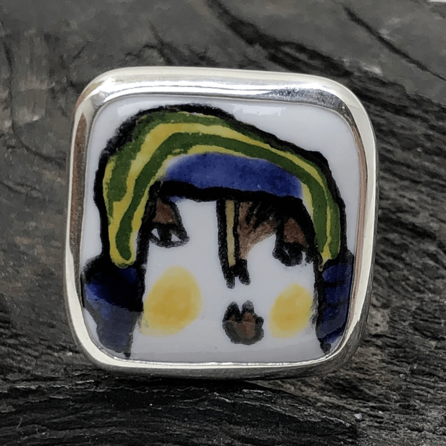 Handmade Ceramic Face in Sterling Silver Ring Isa