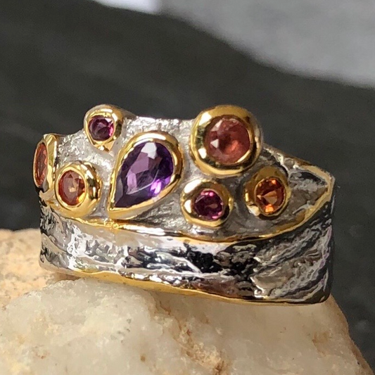 Rhodium and Gold Plated Silver Ring with Rhodolite, Amethyst and Sapphire