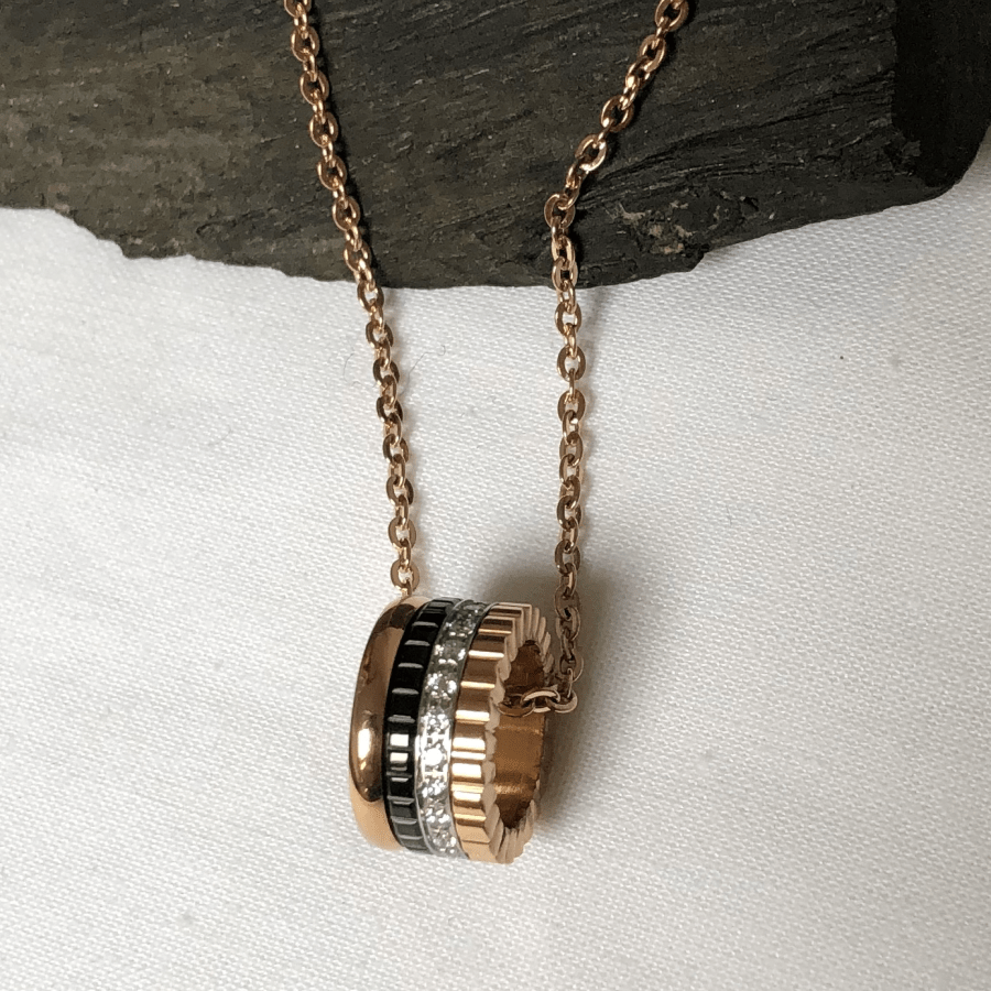 Stainless Steel Necklace with Rose Gold and Black Coloured Pendant with CZ Stones