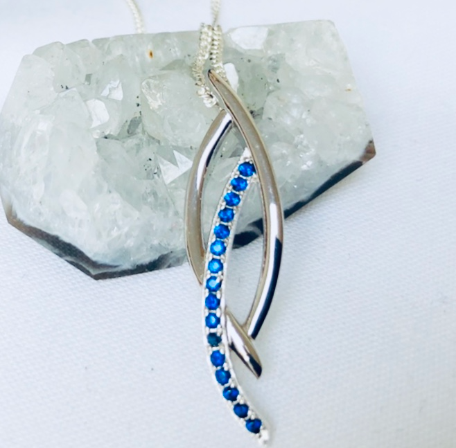 Navy Cubic Zirconia Sterling Silver Wave Pendant and Curb Chain