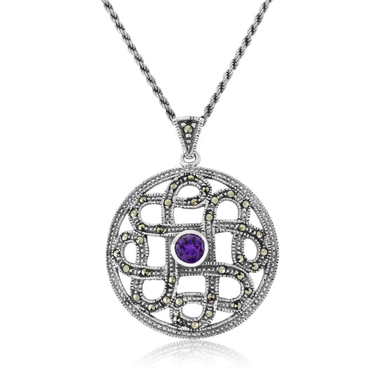 Celtic Knot Silver Pendant with Marcasite and Amethyst CZ and Chain