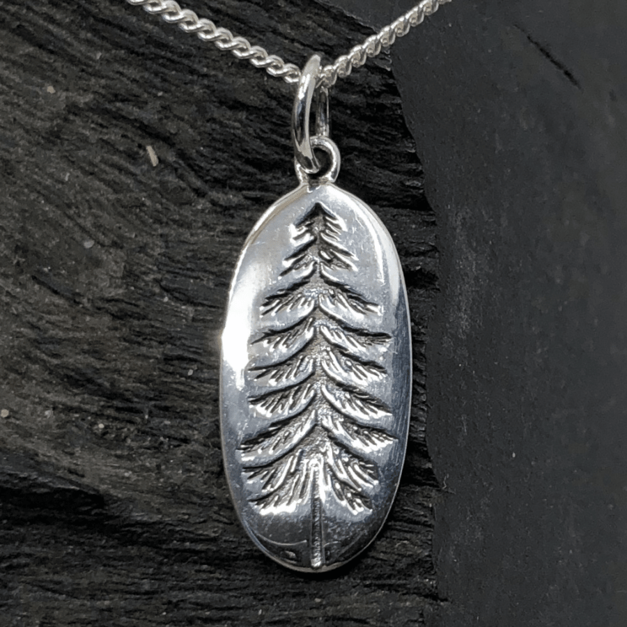 Tree Oval Silver Pendant on Silver Curb Chain