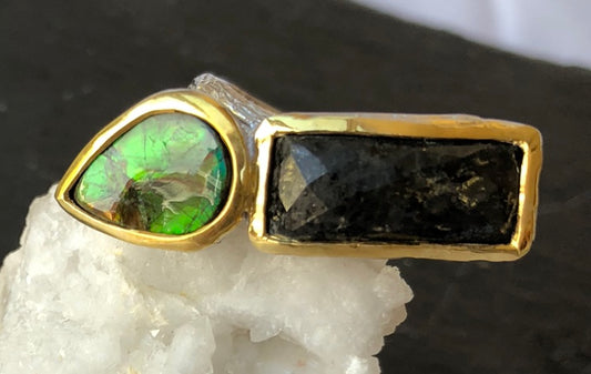 Ammolite and Nuummite Silver, Rhodium and Gold Ring
