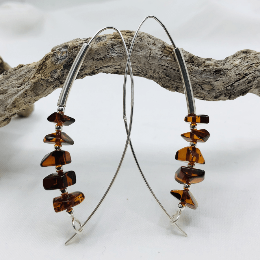 Amber 5 Stone Sterling Silver Earrings