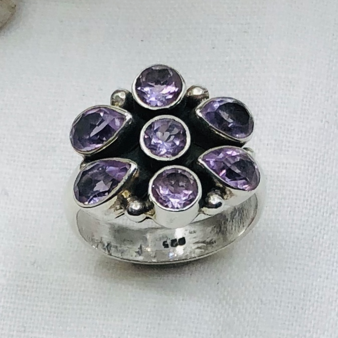 Amethyst and Sterling Silver 7 cut Stones Ring