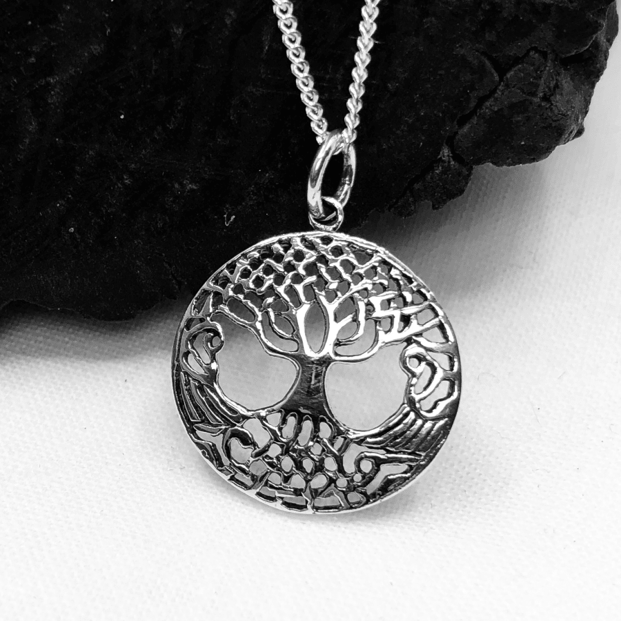 Tree of Life Celtic Round Sterling Silver Pendant with Chain