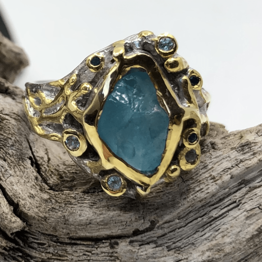 Rhodium and Gold Plated Silver Ring with Rough Apatite, Topaz and Sapphires