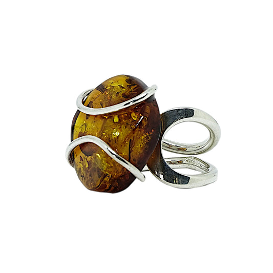 Amber and Sterling Silver Oval Ring