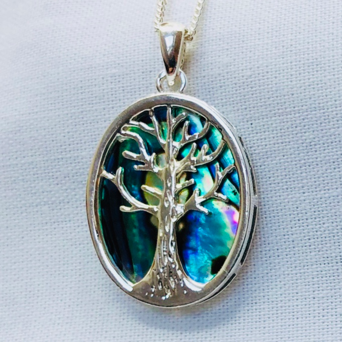 Abalone Sterling Silver Tree of Life Pendant and 16" Curb Chain
