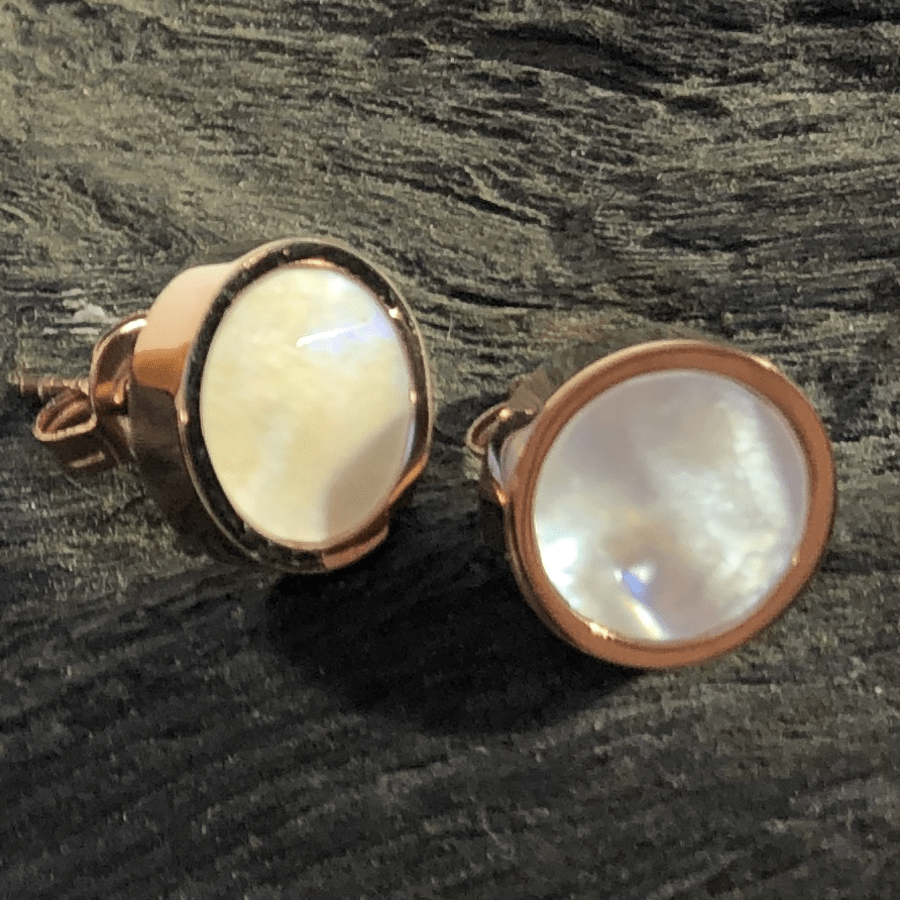 Stainless Steel Rose Gold Coloured Round Mother of Pearl Studs