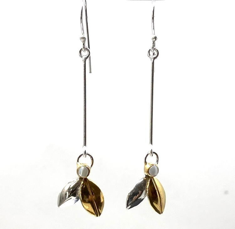 Gold Plated Sterling Silver Earrings Pearl and Leaves