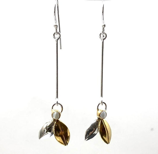 Gold Plated Sterling Silver Earrings Pearl and Leaves