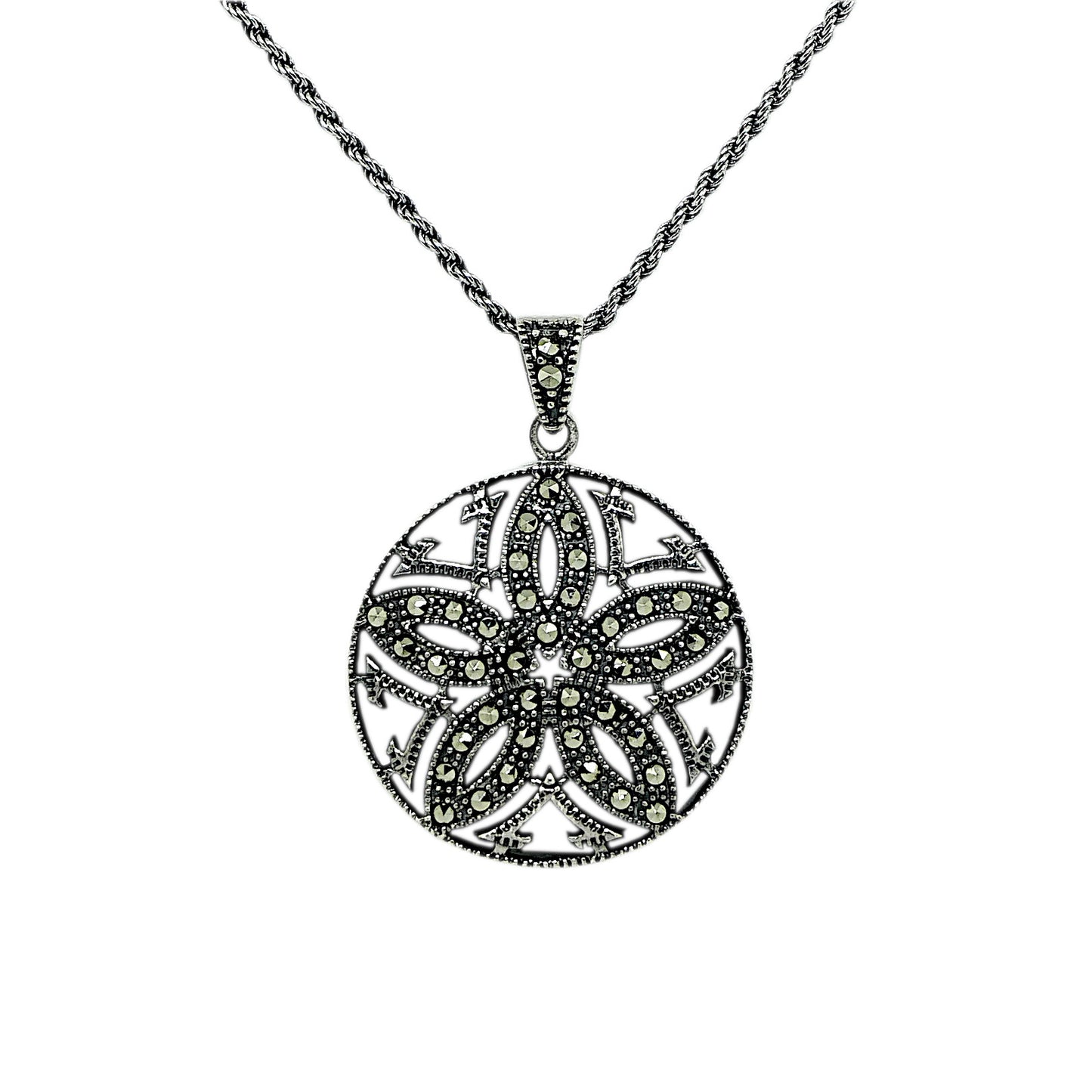 Marcasite and Sterling Silver Round Pendant and Silver Chain