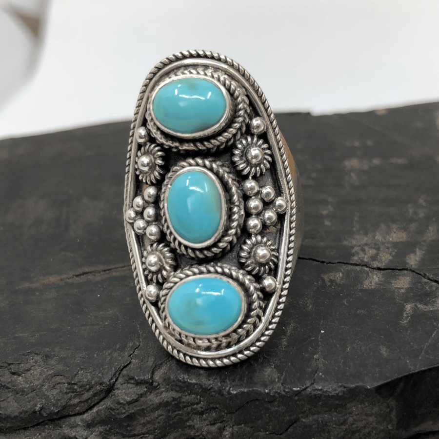 Turquoise Sterling Silver 3 Stone Ring