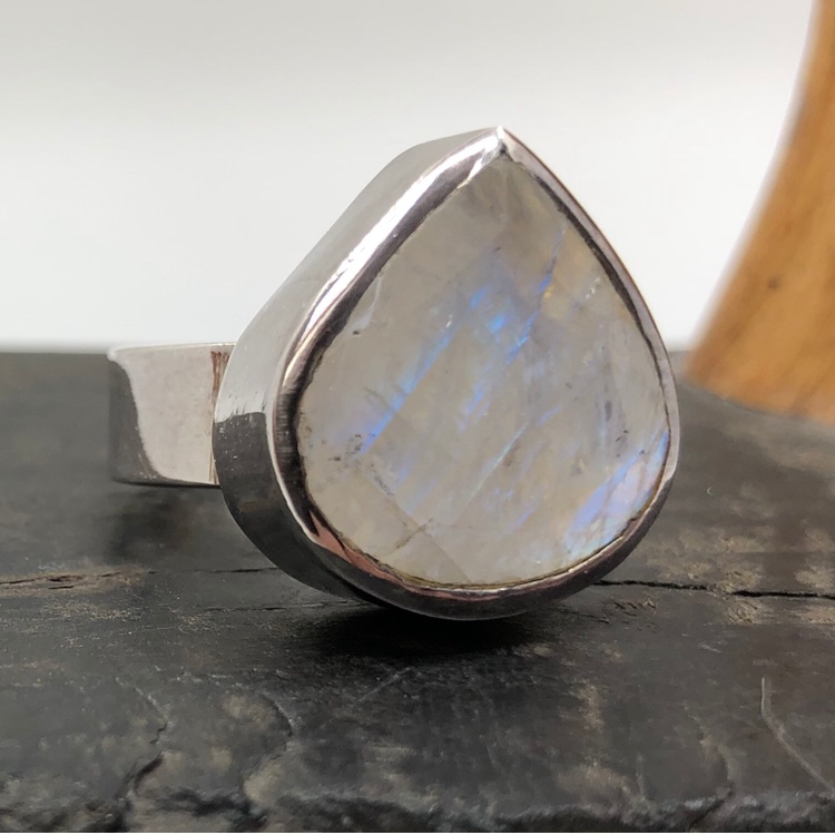 Rainbow Moonstone and Sterling Silver Faceted Ring