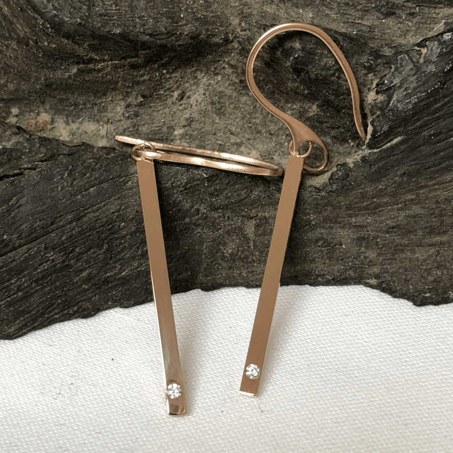 Stainless Steel Rose Gold Coloured Bar Earrings with CZ