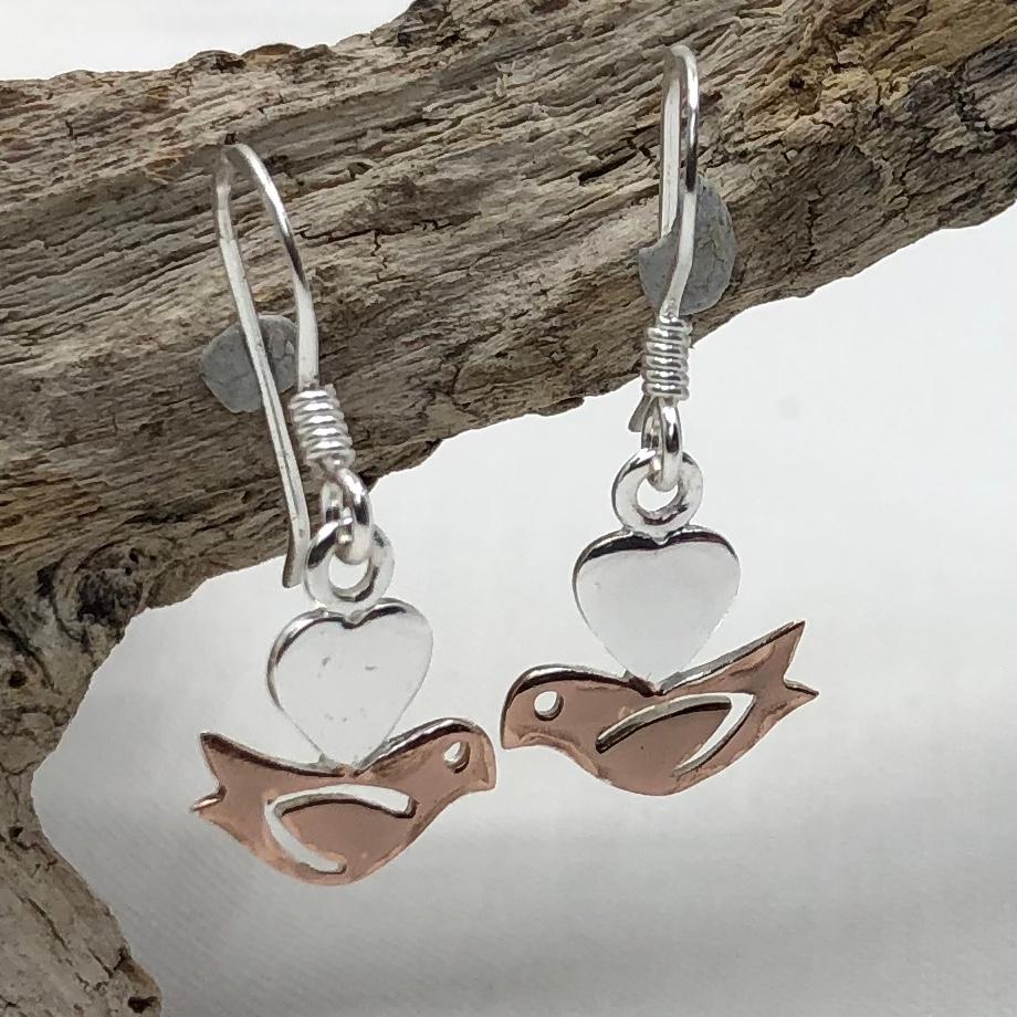 Rose Gold Plated Sterling Silver Heart and Bird Earrings