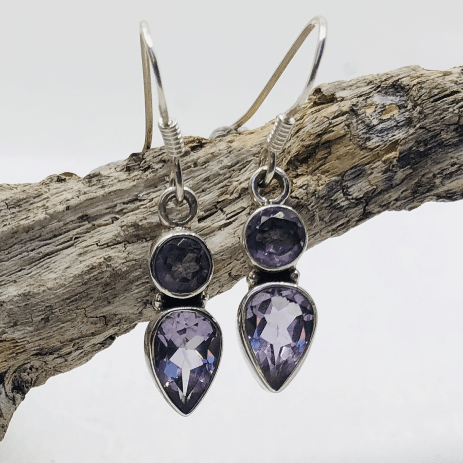 Amethyst and Sterling Silver 2 Stone Faceted Earrings