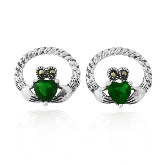 Claddagh Silver Studs with Marcasite and Green CZ