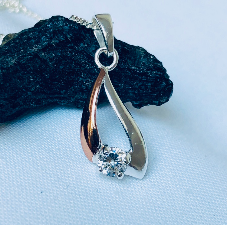 Sterling Silver with Rose Gold Plate and White CZ  Pendant and Silver Chain