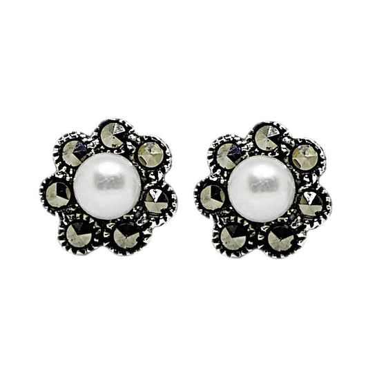 Marcasite and Pearl Sterling Silver Flower Studs
