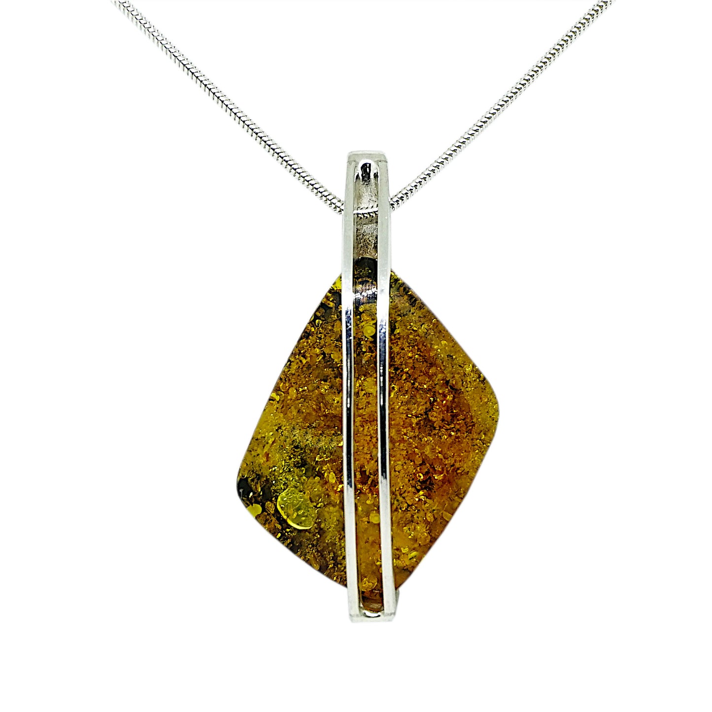 Amber Pendant with Sterling Silver Design and Snake Chain