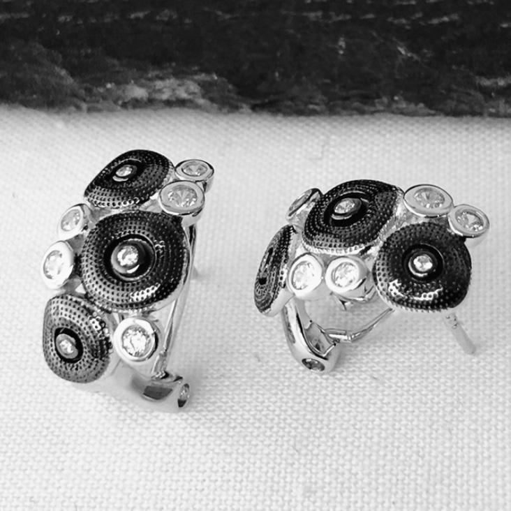 Oxidised and Shiny Pair of Silver Disc Earrings with CZ Stones