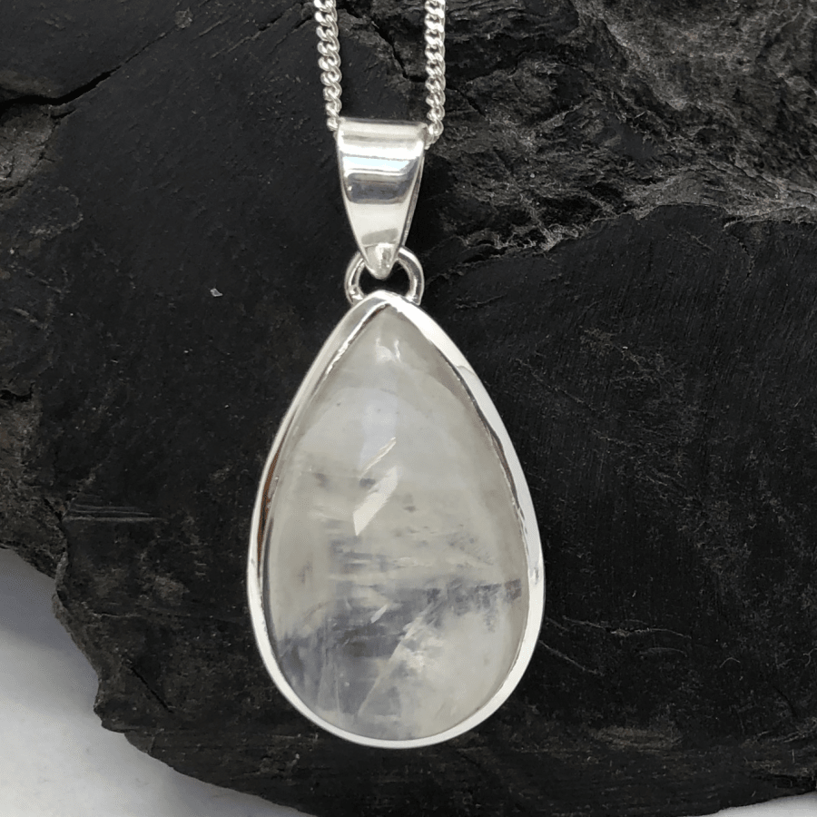 Rainbow Moonstone and Sterling Silver Teardrop Pendant and Silver Chain