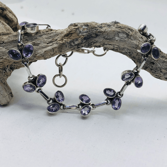 Amethyst and Sterling Silver 20 Faceted Oval Stone Bracelet