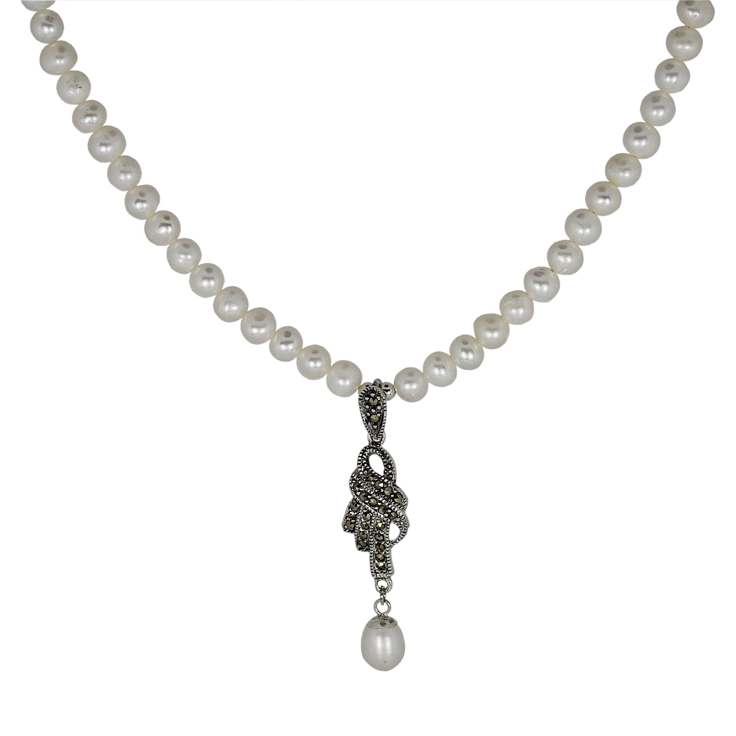 Handmade Freshwater Cultured Pearl Necklace With Marcasite and Pearl Pendant