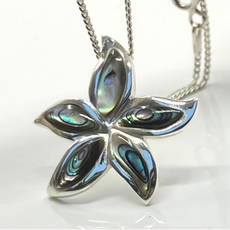 Abalone and Sterling Silver Pendant Flower on Silver Chain